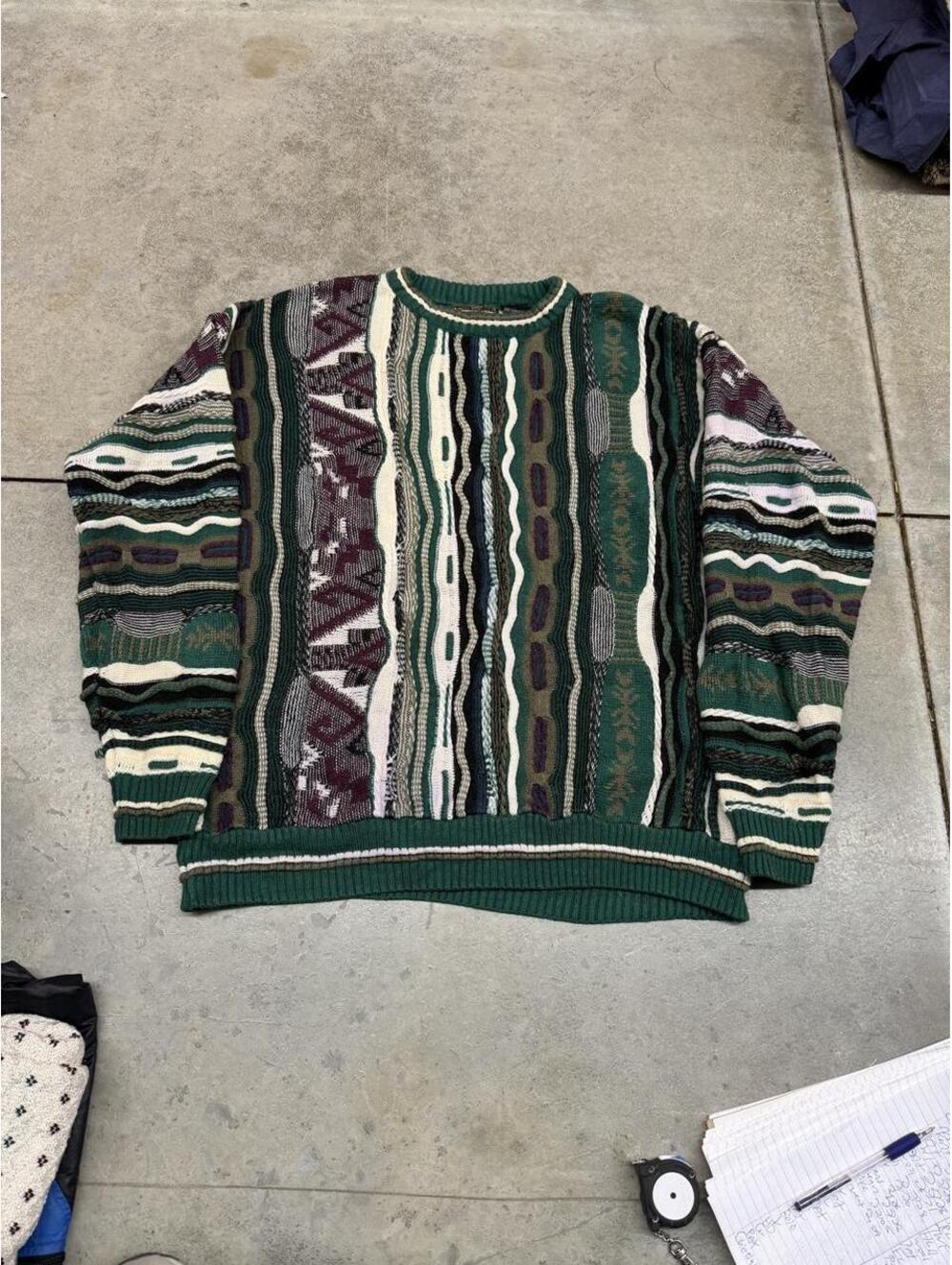 vintage le tigre coogi style green and white knit sweater size xl